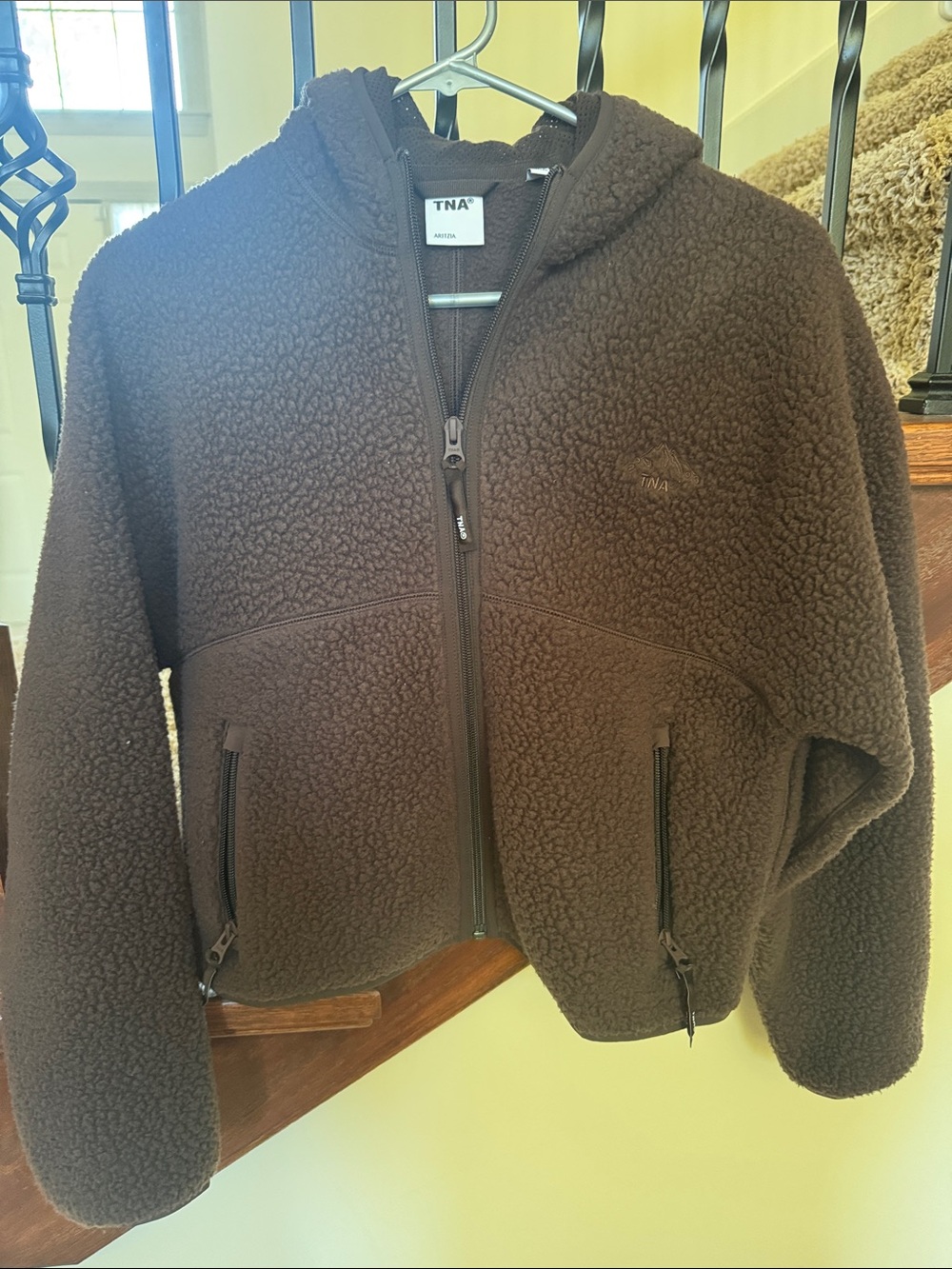 TNA Dark Brown Sherpa Hooded Zip Puffer Jacket
